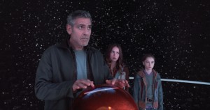 Frank Walker (George Clooney), Casey (Britt Robertson) and Athena (Raffey Cassidy) in a scene from the motion picture "Tomorrowland." CREDIT: Walt Disney Pictures [Via MerlinFTP Drop]